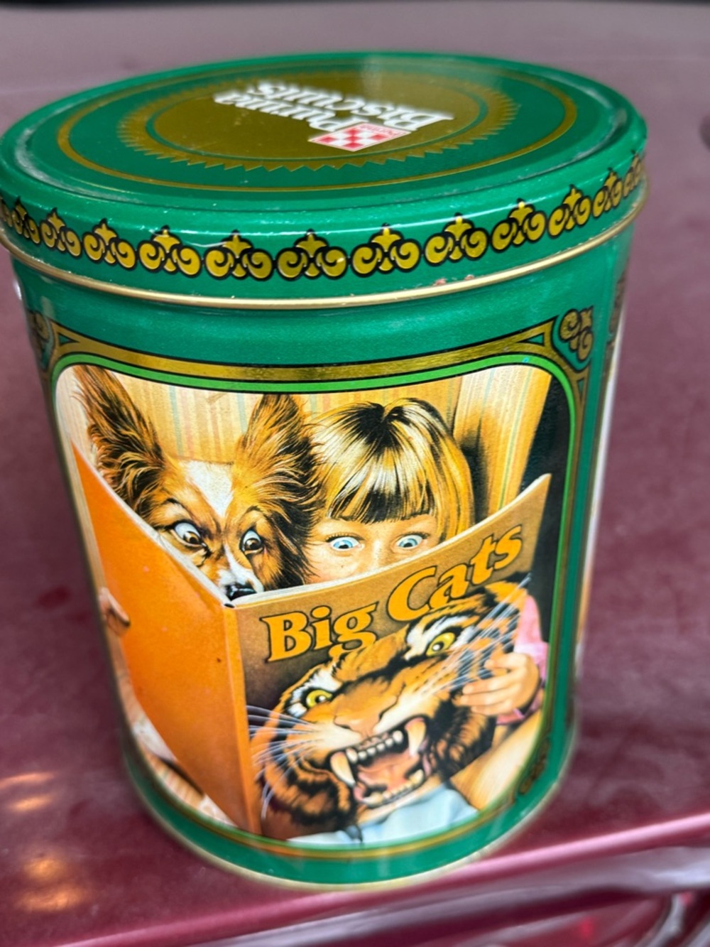 Vintage Green Purina Tin Canister with 'Big Cats' Illustration 1980’s